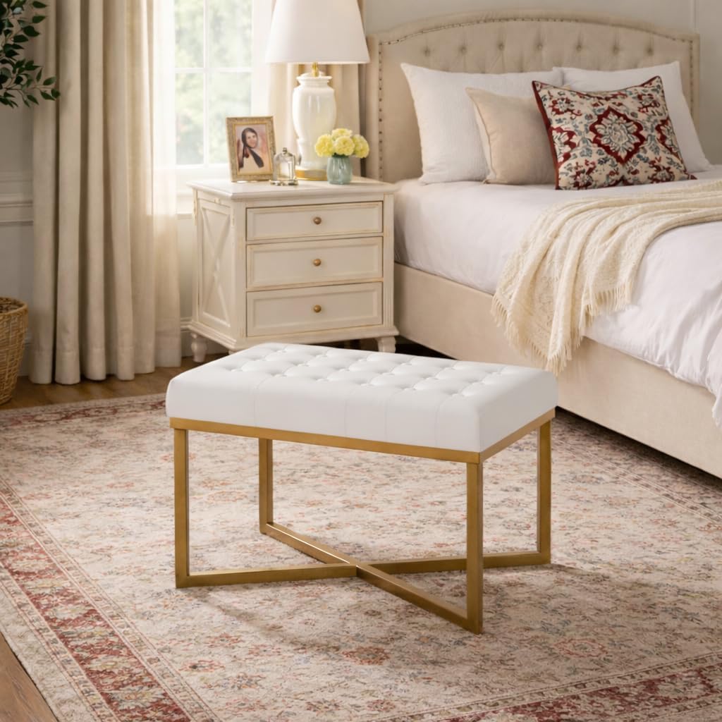 Homepop Home Decor | Upholstered Tufted Velvet Ottoman Bench | Ottoman Bench for Living Room & Bedroom, White