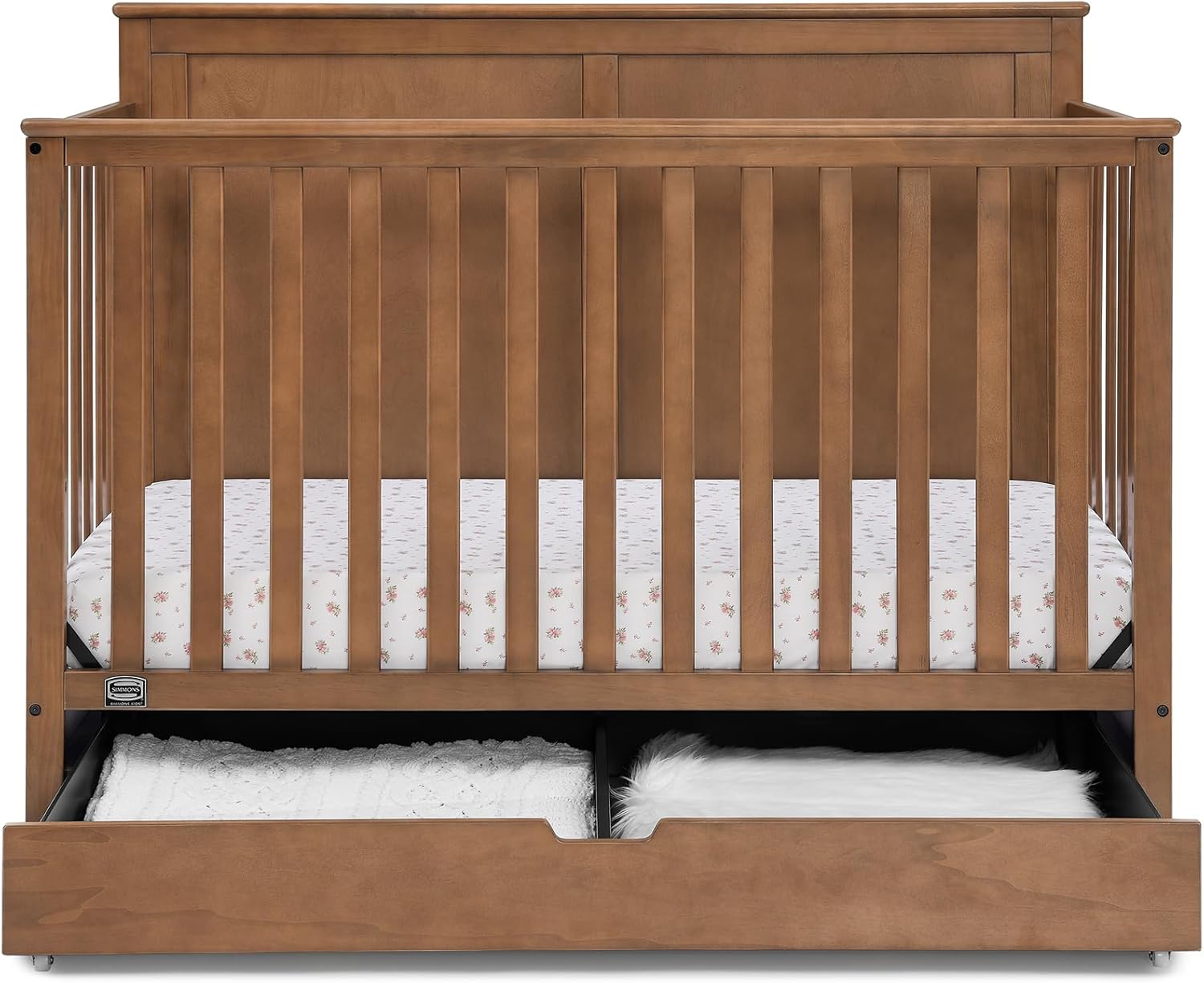 Simmons Kids Logan 6-in-1 Convertible Crib with Underdrawer - Greenguard Gold Certified, Chestnut