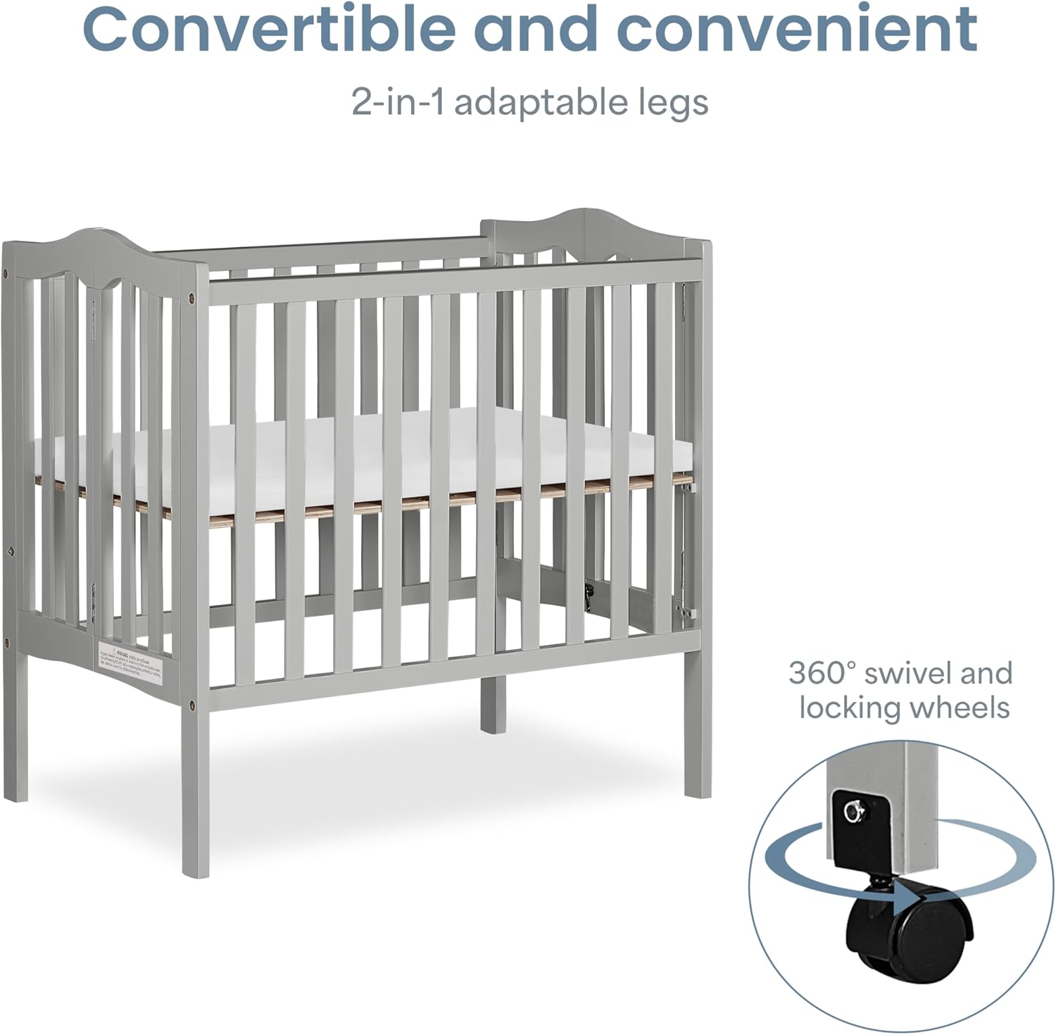 Dream On Me 2-in-1 Lightweight Folding Portable Stationary Side Crib in Pebble Grey, Greenguard Gold Certified, Baby Crib to Playpen, Folds Flat for Storage, Locking Wheels