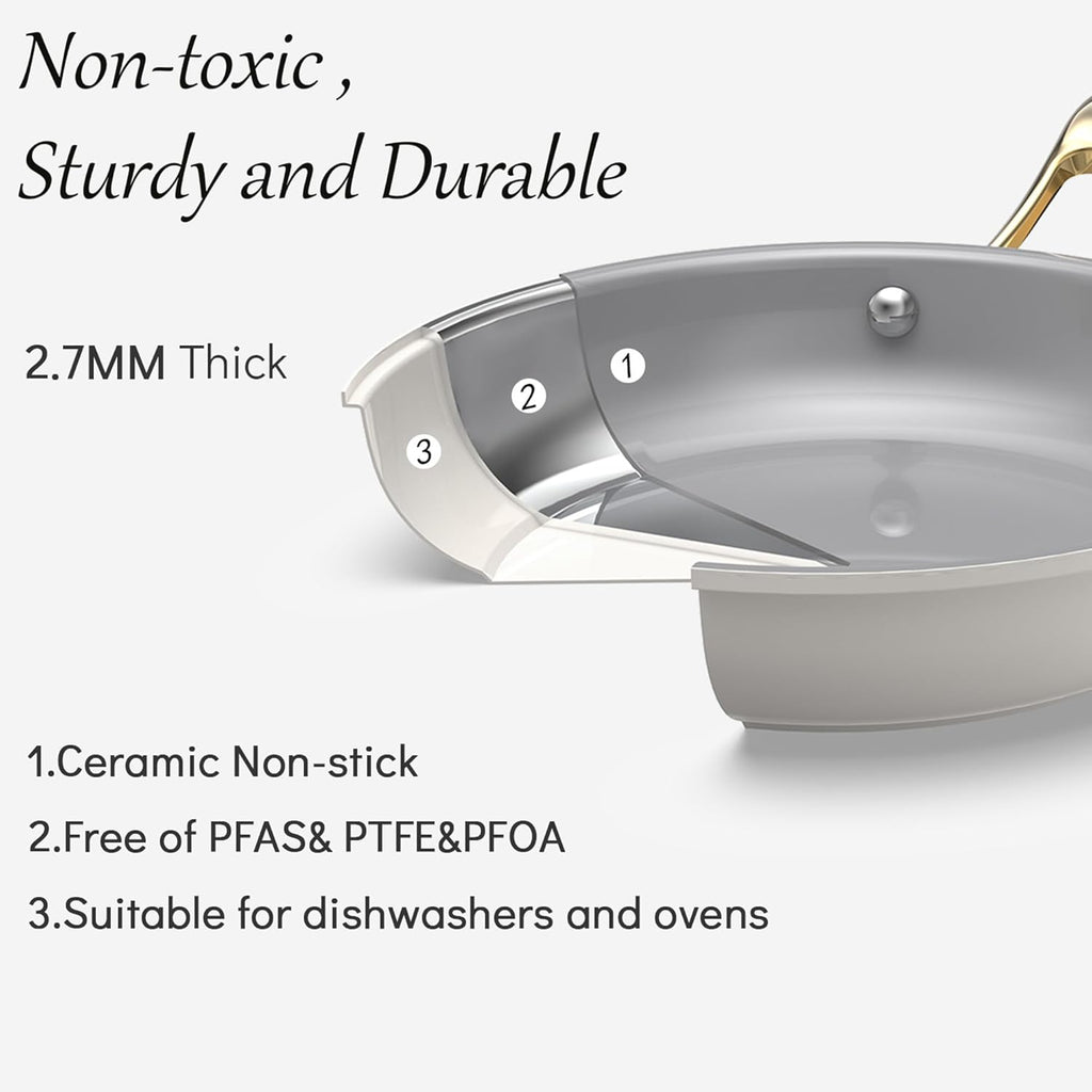 Ceramic Nonstick 10pc Cookware Pots and Pans Set,PFAS & PFOA Free, Dishwasher &Oven Safe, All Stovetop Compatible（electric,gas,induction), Tempered Glass Lids, Stay-Cool Handles for even heat.
