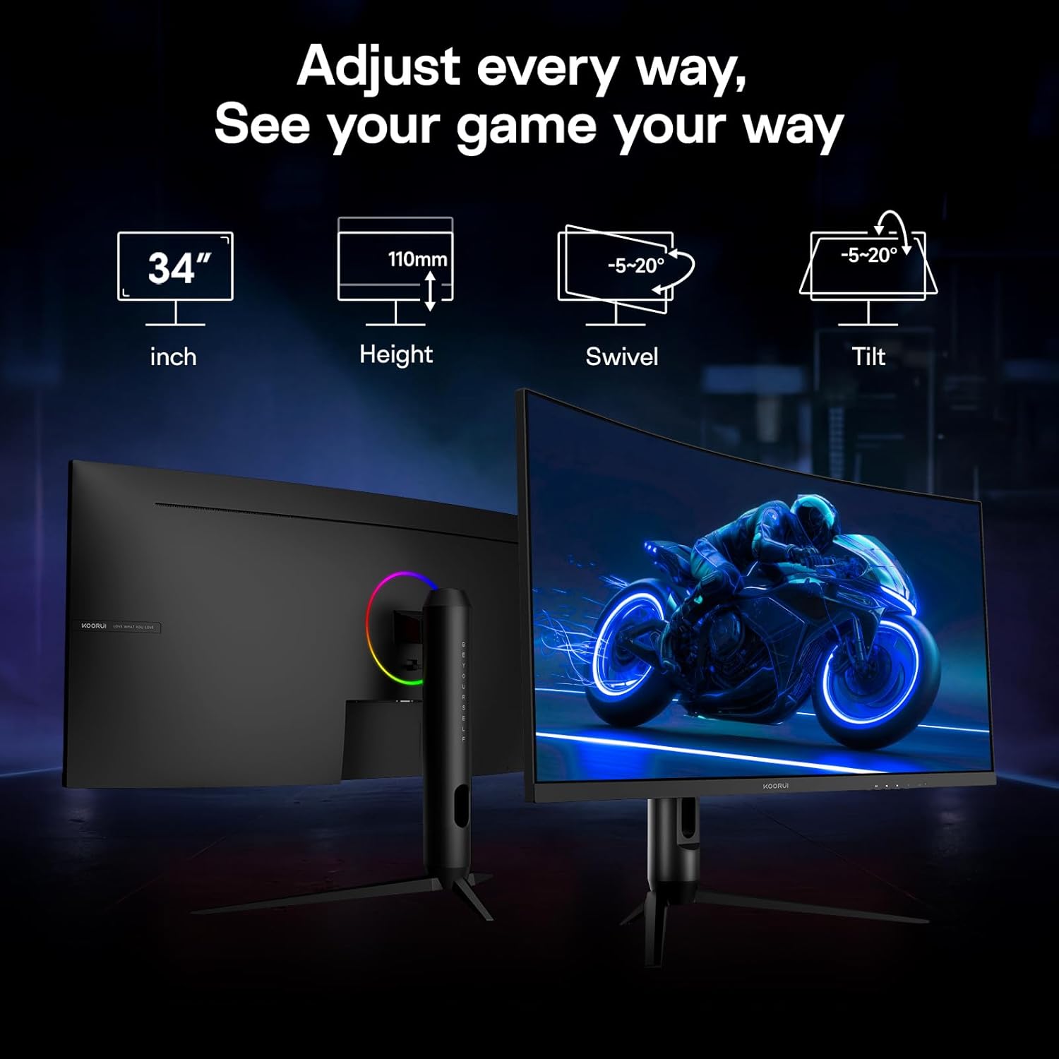 KOORUI 34 inch Ultrawide Curved Gaming Monitor 240Hz, PIP/PBP, 3440x1440P, 21:9 Display, 1500R Curvature. 1ms, Adaptive Sync, DP, HDMI, Vesa amoun,Support PS5,Computer Monitor G3441XC