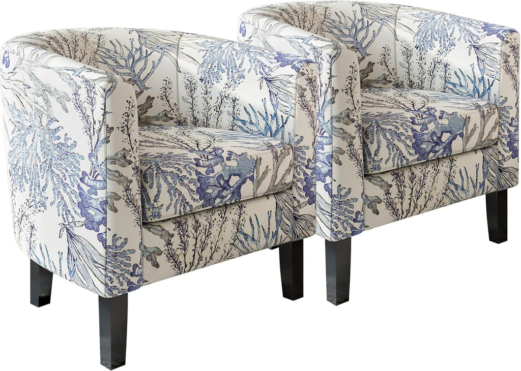 BELLEZE Living Room Chairs Set of 2, Linen Round Accent Barrel Chairs, Club Tub Sofa Chairs for Bedroom, Corner Chairs with Flared Legs and Cozy Soft Padding - Highland (Blue Coral)