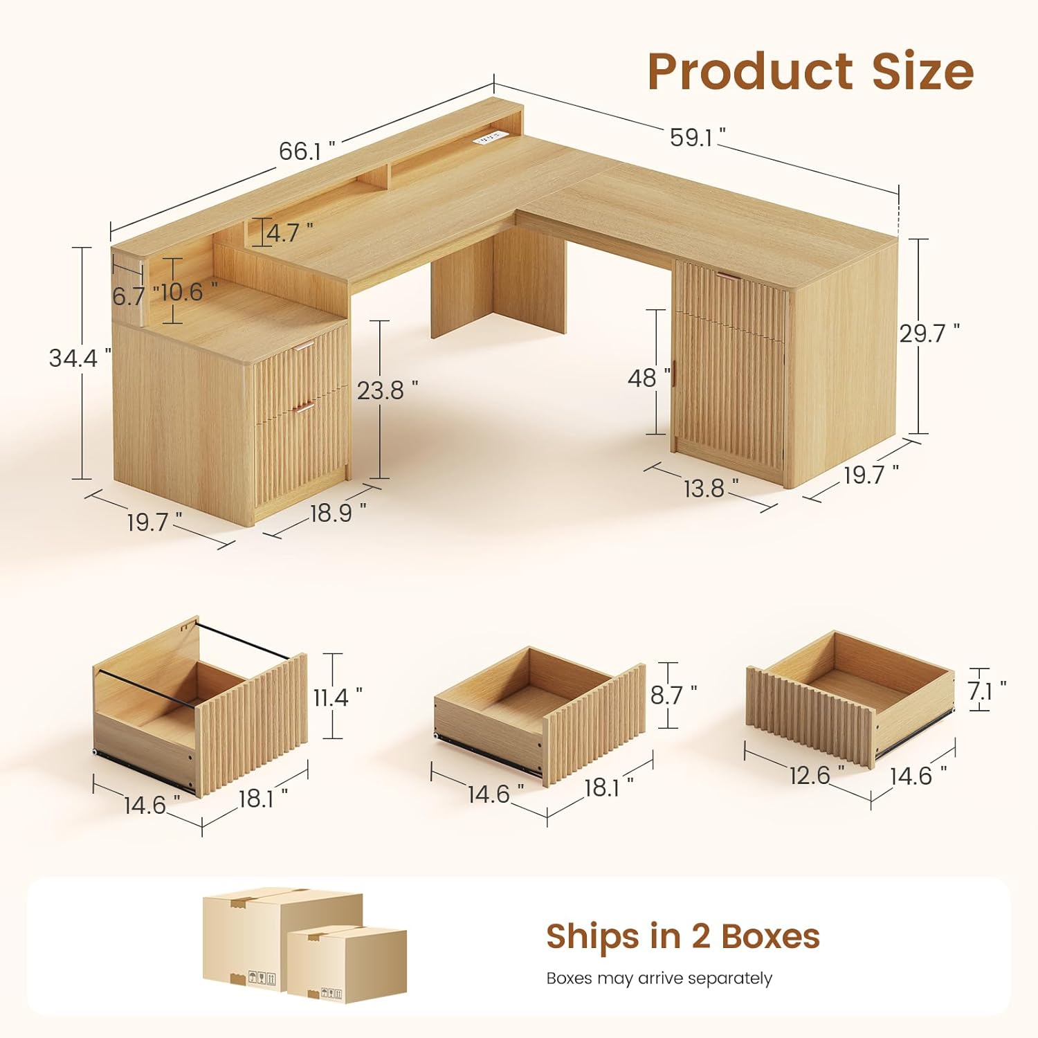 SEDETA 66" Modern L Shaped Desk with Drawers, Fluted Home Office Desk with File Cabinet and Printer Shelf, Wood Executive Desk with Monitor Stand, Power Outlets, Led Lights, Oak