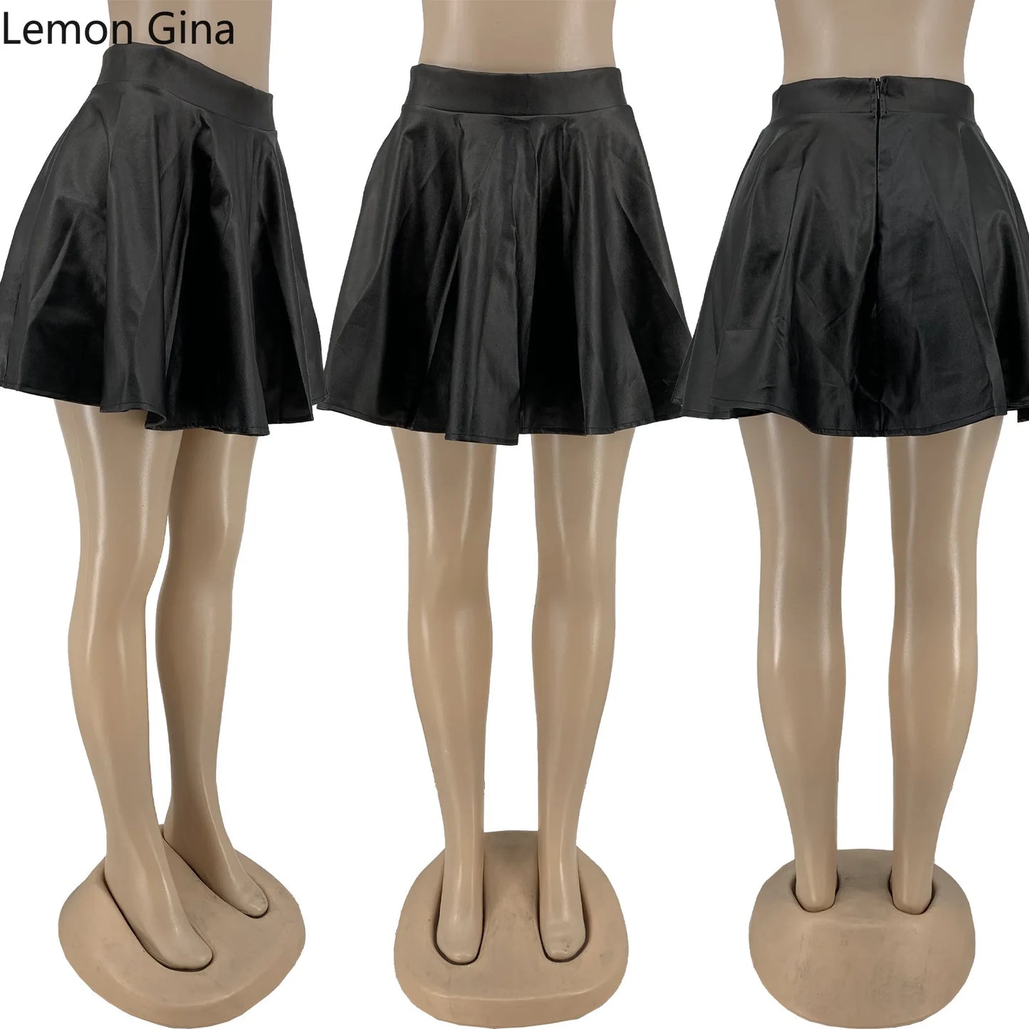 Lemon Gina Women Faux Leather PU Pleated Min Skirts Casual Street Elegant Solid Skirt