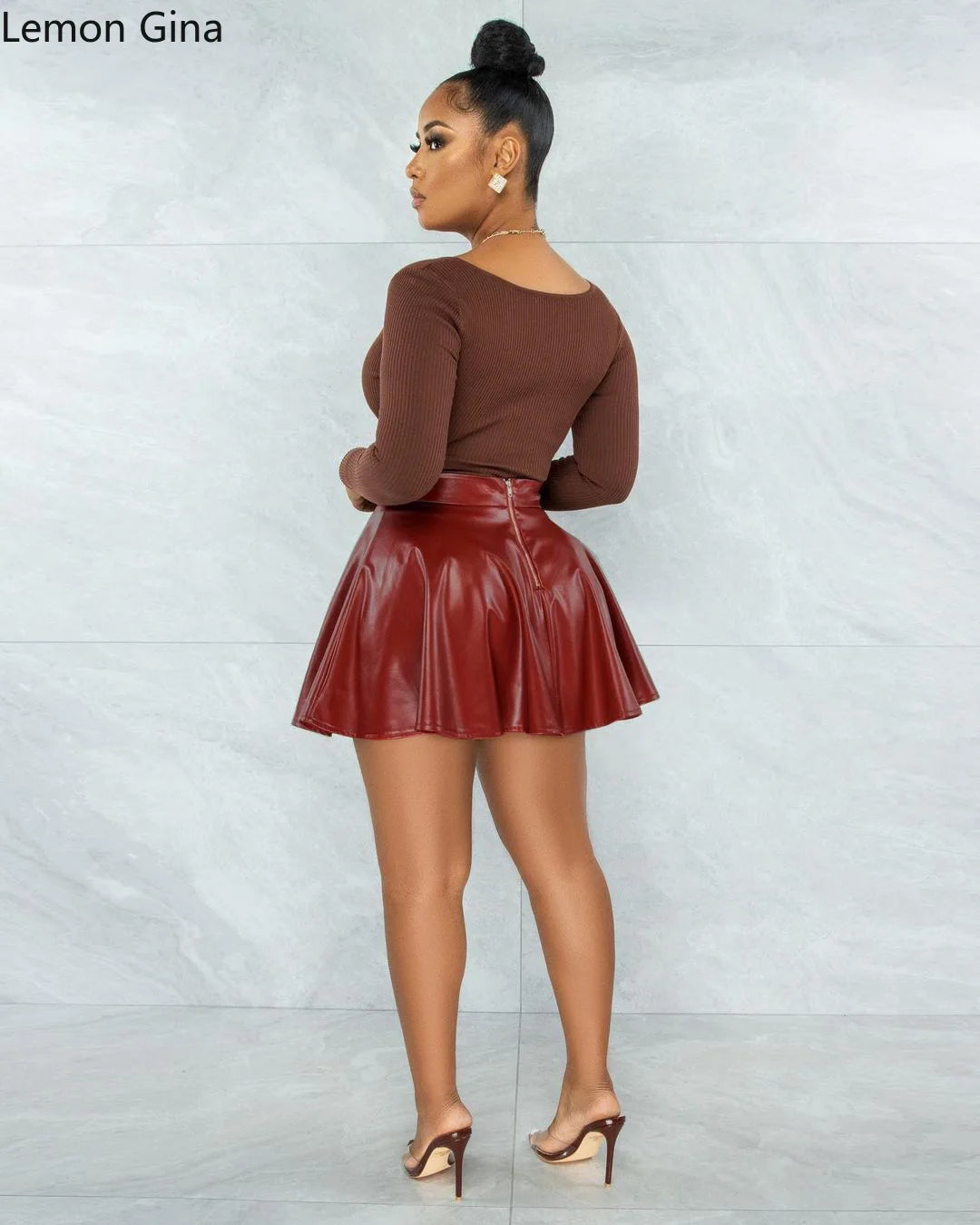 Lemon Gina Women Faux Leather PU Pleated Min Skirts Casual Street Elegant Solid Skirt