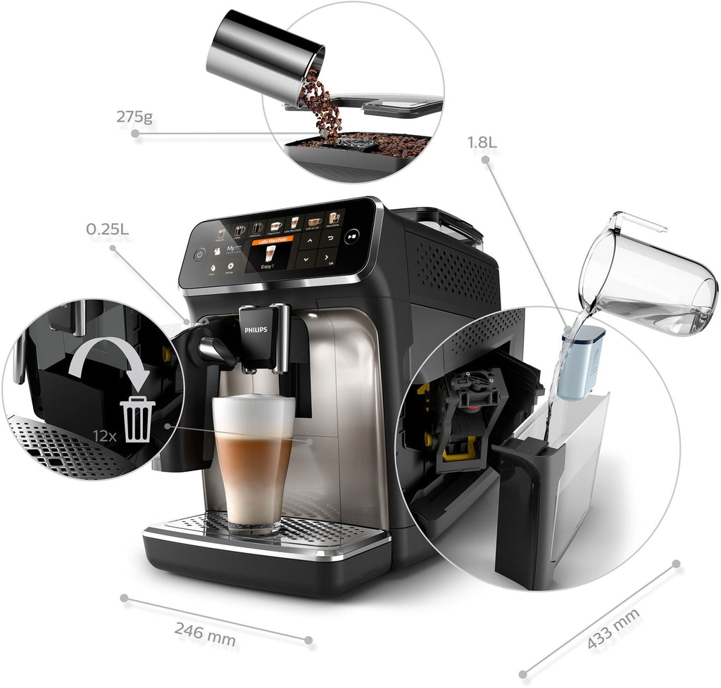 Philips 5400 Series Fully Automatic Coffee Machine EP5447/90 LatteGo 12 Coffee Specialties and 4 User Profiles Black/Chrome