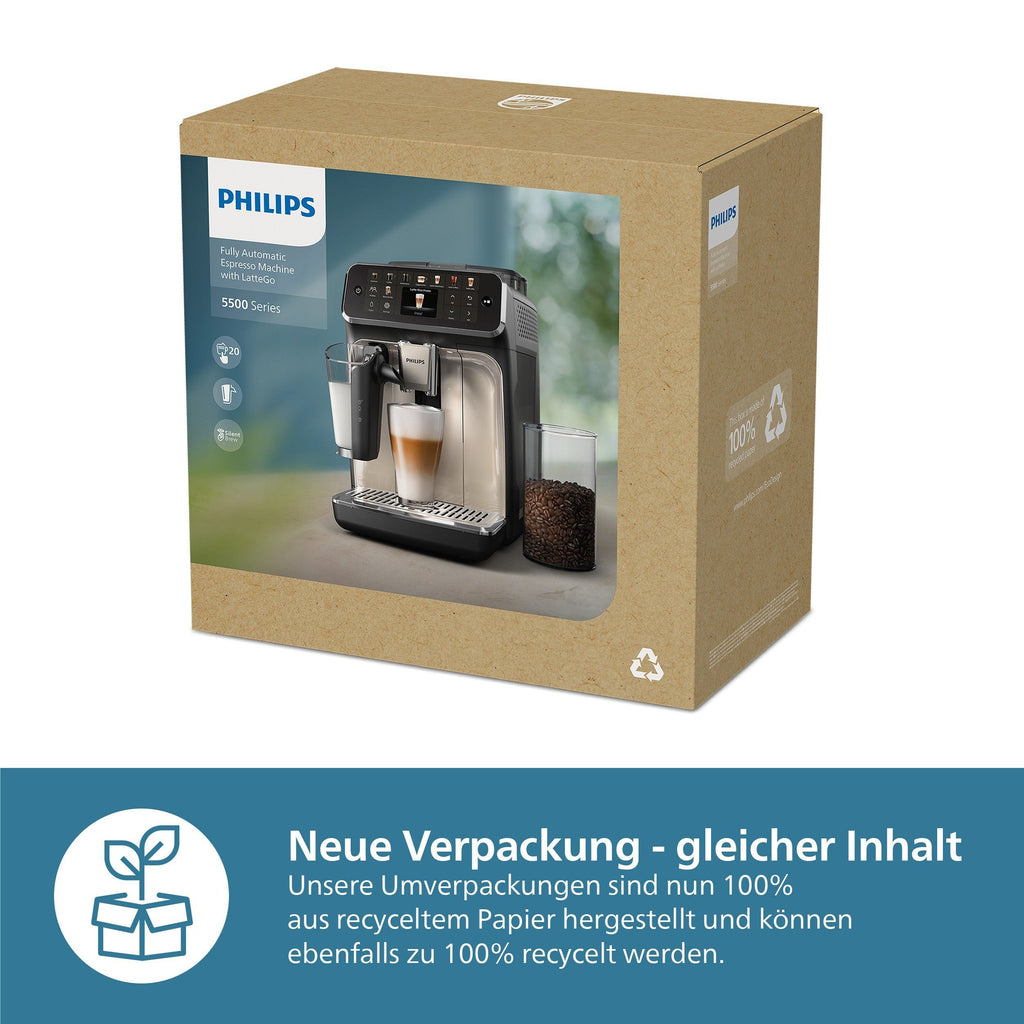 Philips Kaffeevollautomat EP5547/90 5500 Series, 20 Kaffeespezialitäten (heiß oder eisgekühlt), LatteGo-Milchsystem, SilentBrew Technologie, Schwarz Verchromt 15 Bar