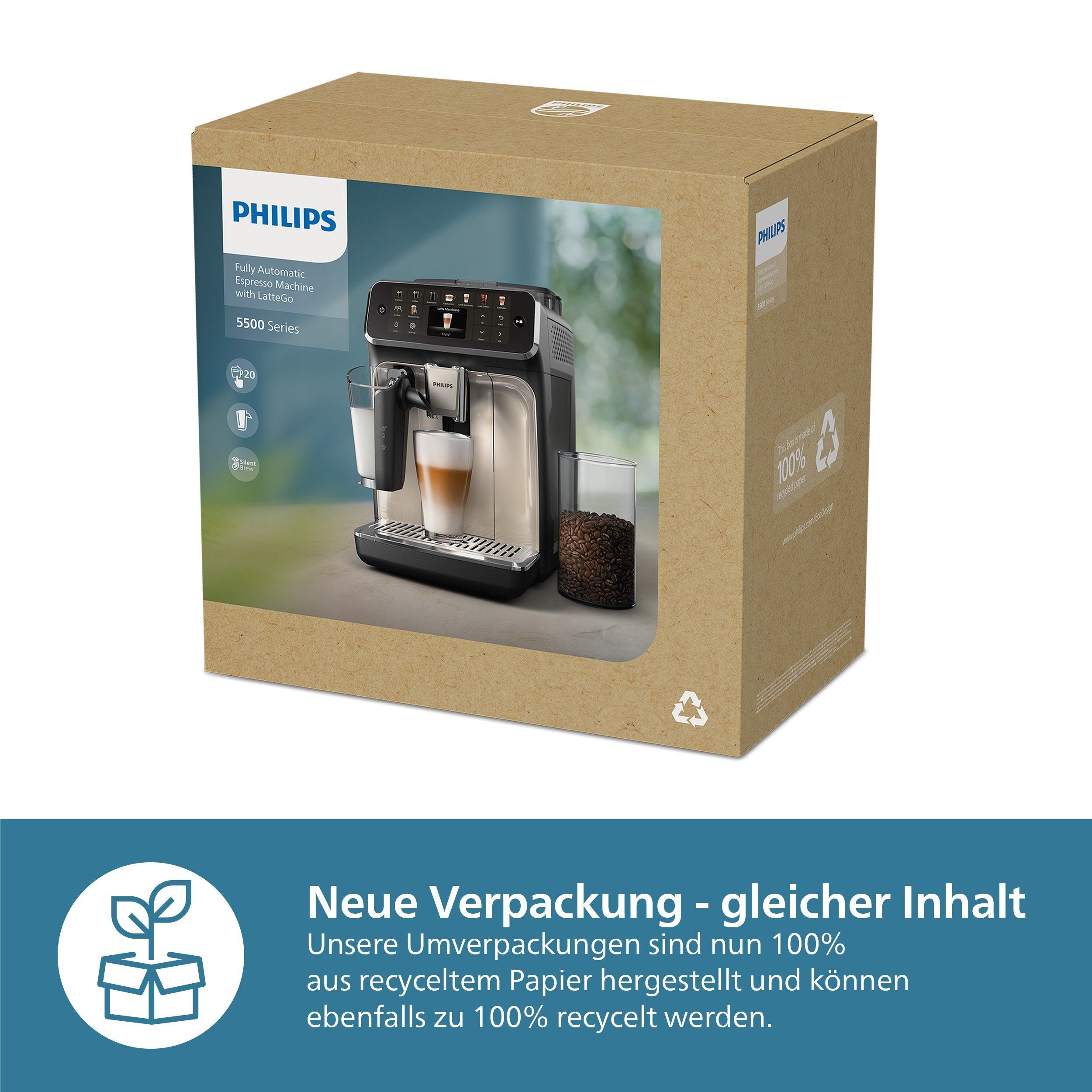 Philips Kaffeevollautomat EP5547/90 5500 Series, 20 Kaffeespezialitäten (heiß oder eisgekühlt), LatteGo-Milchsystem, SilentBrew Technologie, Schwarz Verchromt 15 Bar