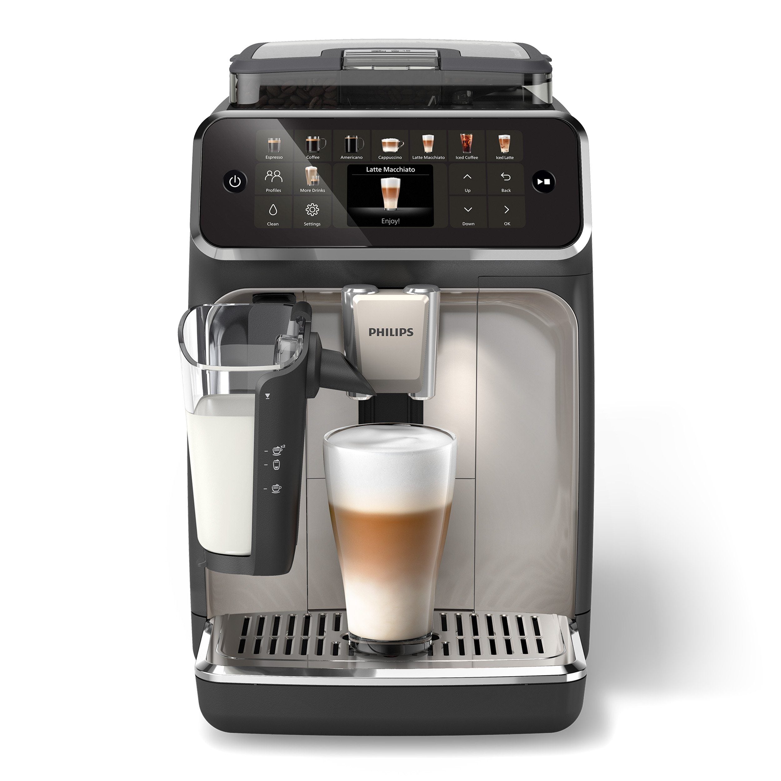 Philips Kaffeevollautomat EP5547/90 5500 Series, 20 Kaffeespezialitäten (heiß oder eisgekühlt), LatteGo-Milchsystem, SilentBrew Technologie, Schwarz Verchromt 15 Bar