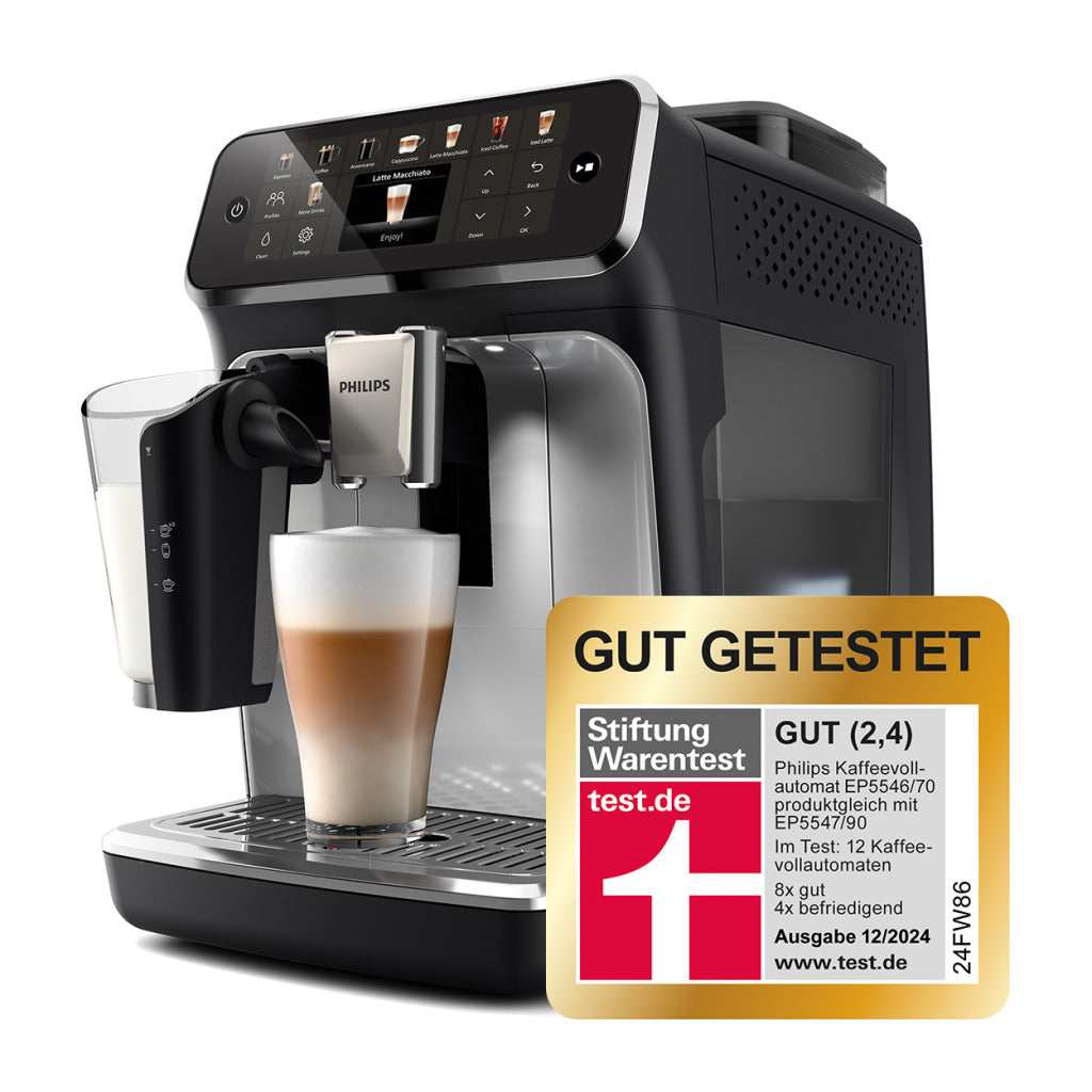 Philips Serie 5500 EP5546/70 Kaffeevollautomat – LatteGo Milchsystem, 20 heiße und kalte Kaffeespezialitäten, 40% leiser mit SilentBrew, QuickStart, Schwarz/Silber