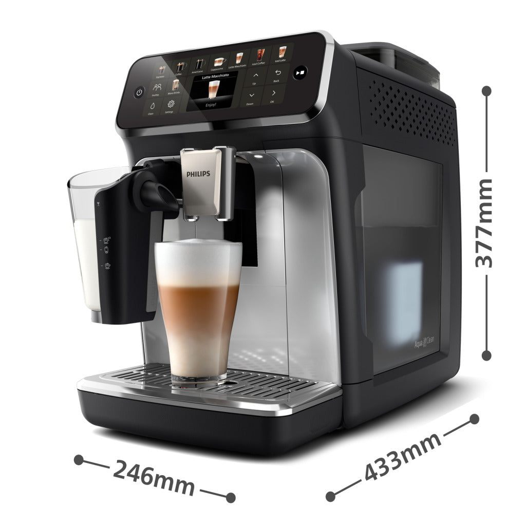 Philips Serie 5500 EP5546/70 Kaffeevollautomat – LatteGo Milchsystem, 20 heiße und kalte Kaffeespezialitäten, 40% leiser mit SilentBrew, QuickStart, Schwarz/Silber
