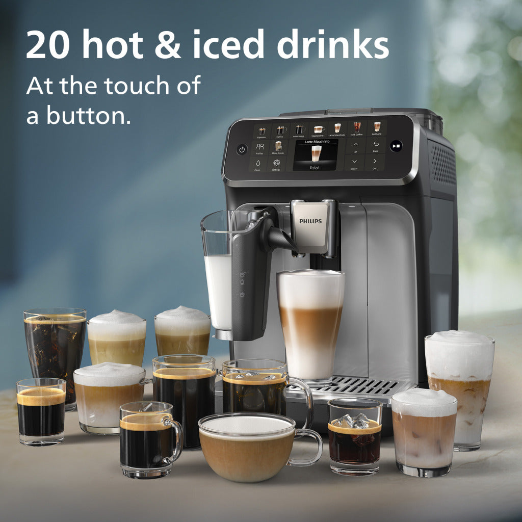 Philips Serie 5500 EP5546/70 Kaffeevollautomat – LatteGo Milchsystem, 20 heiße und kalte Kaffeespezialitäten, 40% leiser mit SilentBrew, QuickStart, Schwarz/Silber