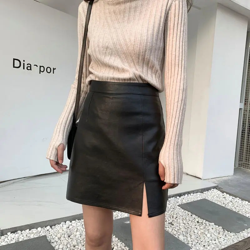 Slit Leather Skirt Female Autumn Winter New A- line Skirt Office Lady Sheath Skirt High Waist Slimming Skirt Mujer Faldas