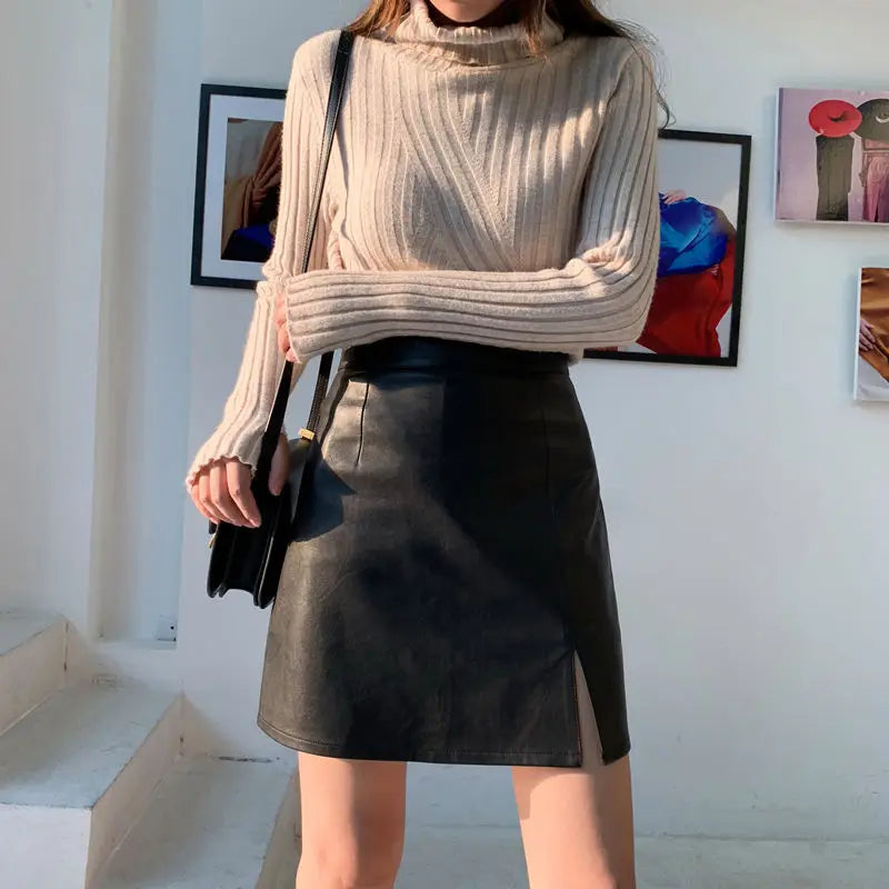 Slit Leather Skirt Female Autumn Winter New A- line Skirt Office Lady Sheath Skirt High Waist Slimming Skirt Mujer Faldas