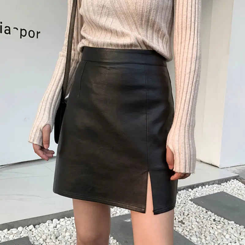 Slit Leather Skirt Female Autumn Winter New A- line Skirt Office Lady Sheath Skirt High Waist Slimming Skirt Mujer Faldas