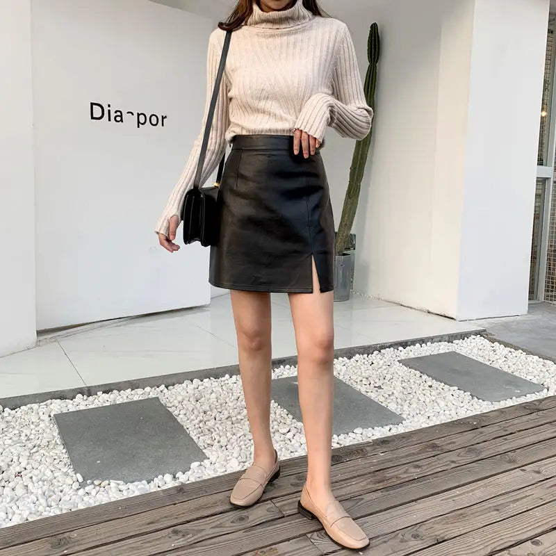 Slit Leather Skirt Female Autumn Winter New A- line Skirt Office Lady Sheath Skirt High Waist Slimming Skirt Mujer Faldas