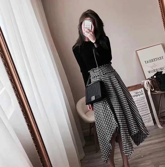 Spring Women Retro High Waist Irregular Hem Wool Houndtooth Skirt For Winter And Autumn