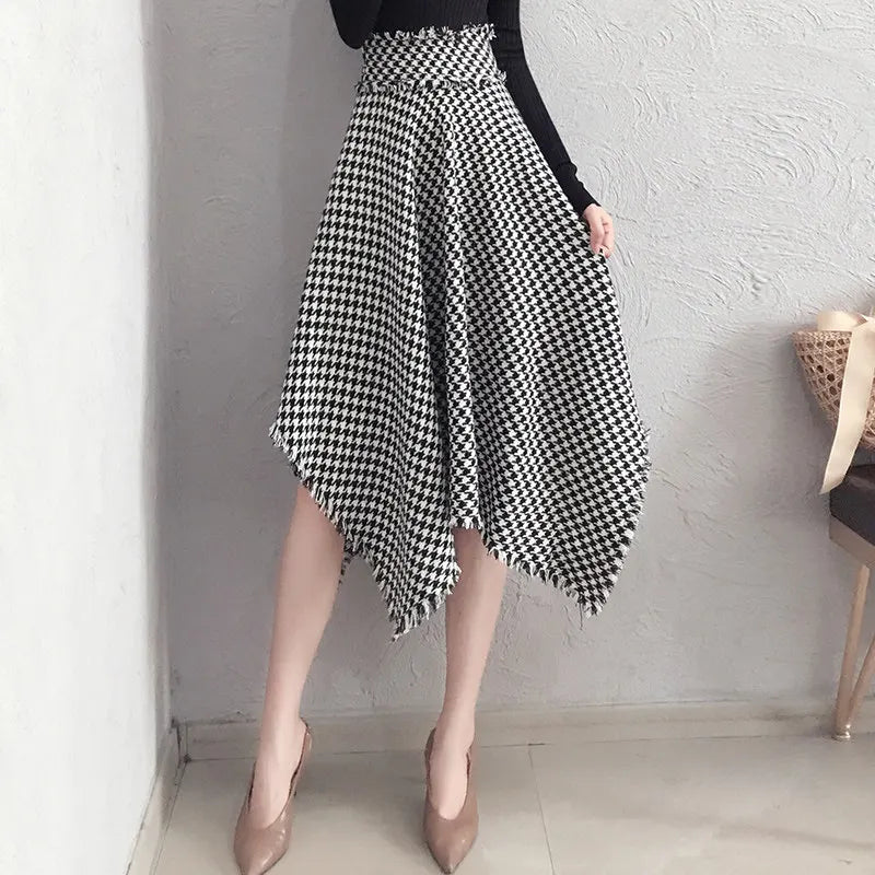 Spring Women Retro High Waist Irregular Hem Wool Houndtooth Skirt For Winter And Autumn