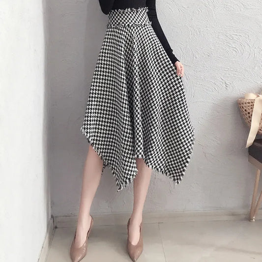 Spring Women Retro High Waist Irregular Hem Wool Houndtooth Skirt For Winter And Autumn
