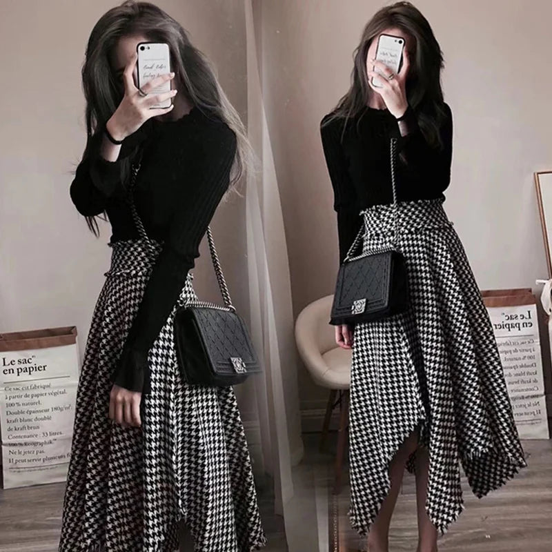 Spring Women Retro High Waist Irregular Hem Wool Houndtooth Skirt For Winter And Autumn