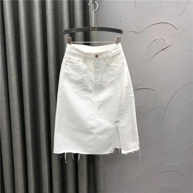 White casual half-length denim skirt women's new summer high waist split A-line bag hip skirt trend Solid Cotton