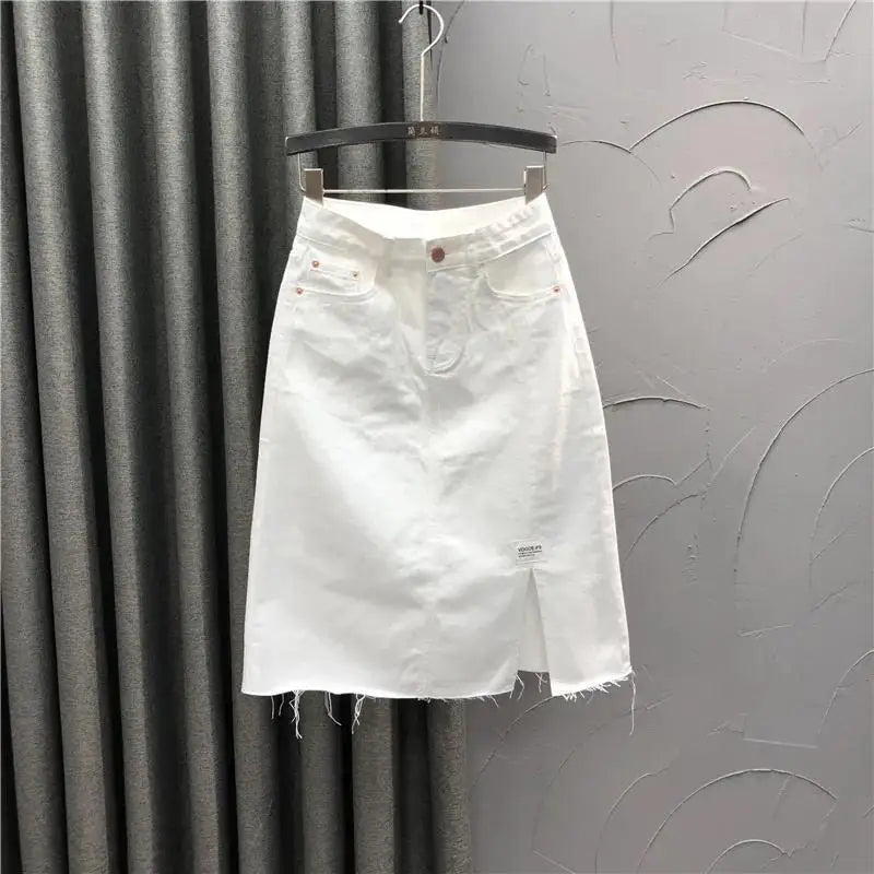White casual half-length denim skirt women's new summer high waist split A-line bag hip skirt trend Solid Cotton