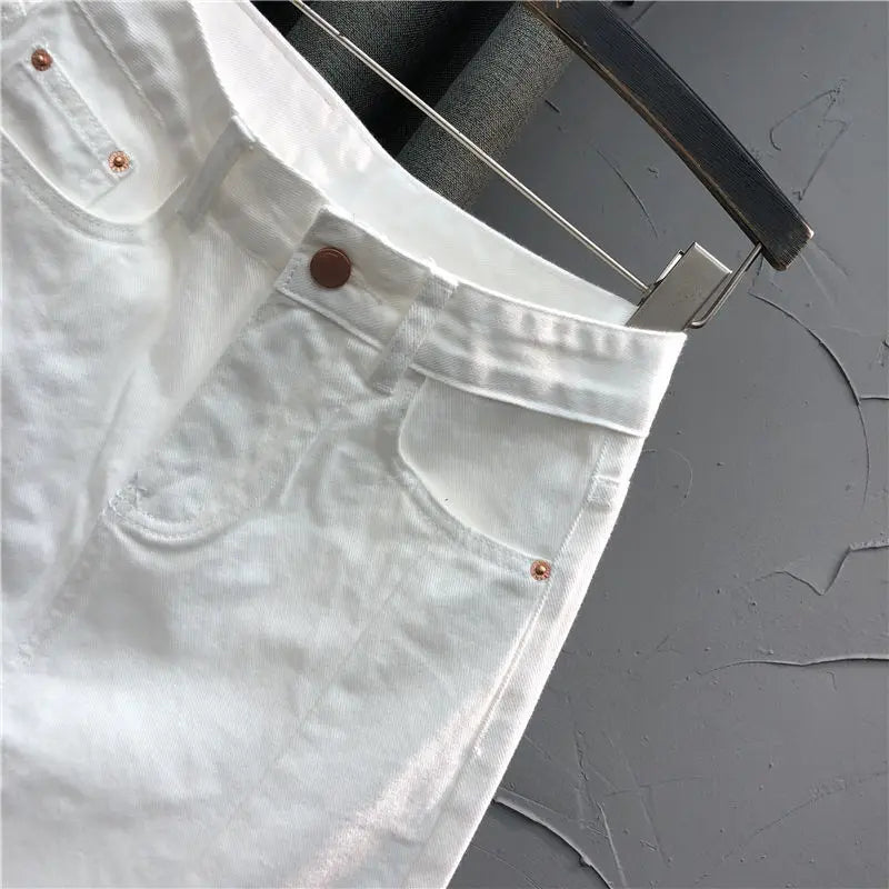 White casual half-length denim skirt women's new summer high waist split A-line bag hip skirt trend Solid Cotton
