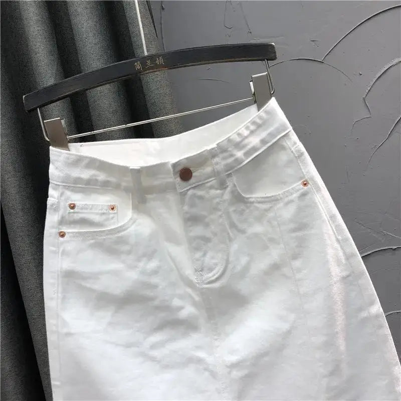 White casual half-length denim skirt women's new summer high waist split A-line bag hip skirt trend Solid Cotton