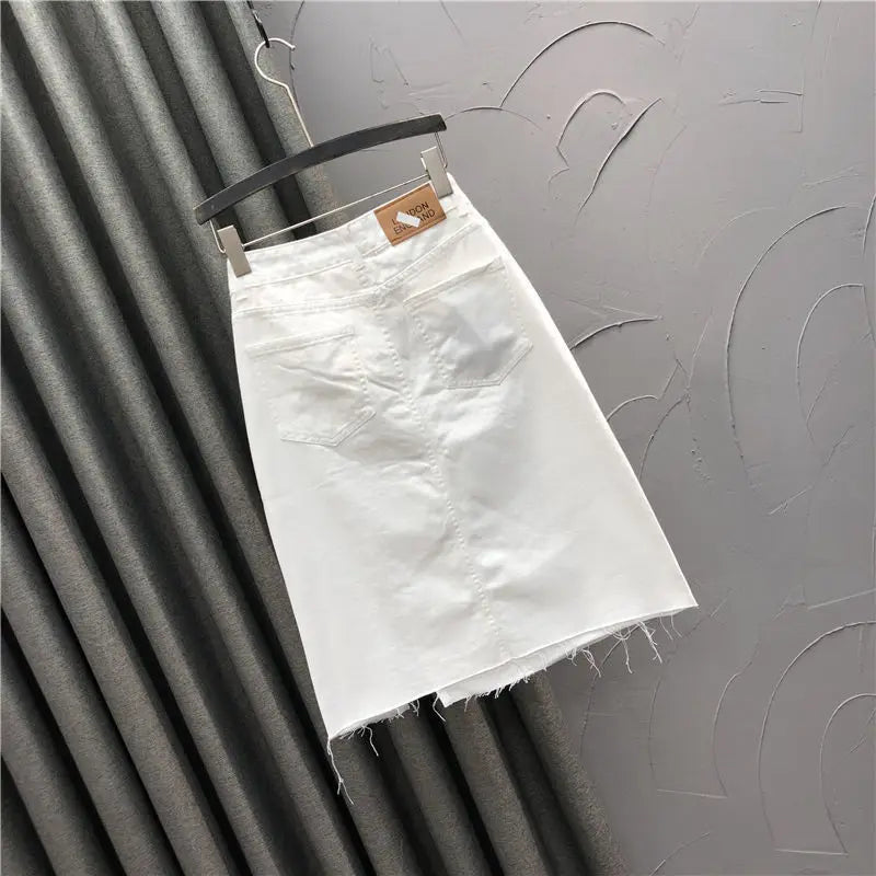 White casual half-length denim skirt women's new summer high waist split A-line bag hip skirt trend Solid Cotton
