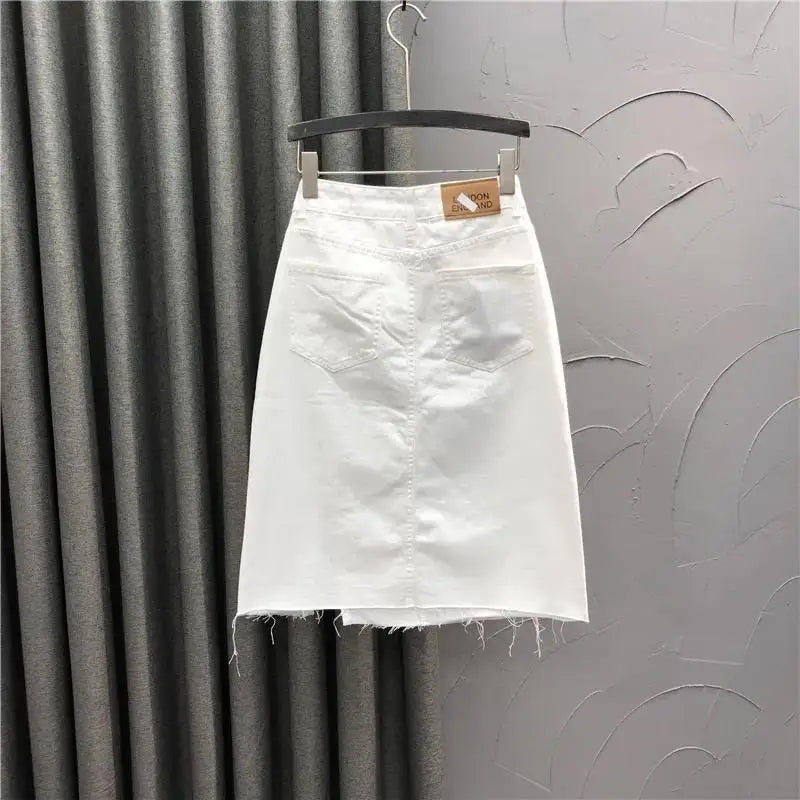 White casual half-length denim skirt women's new summer high waist split A-line bag hip skirt trend Solid Cotton
