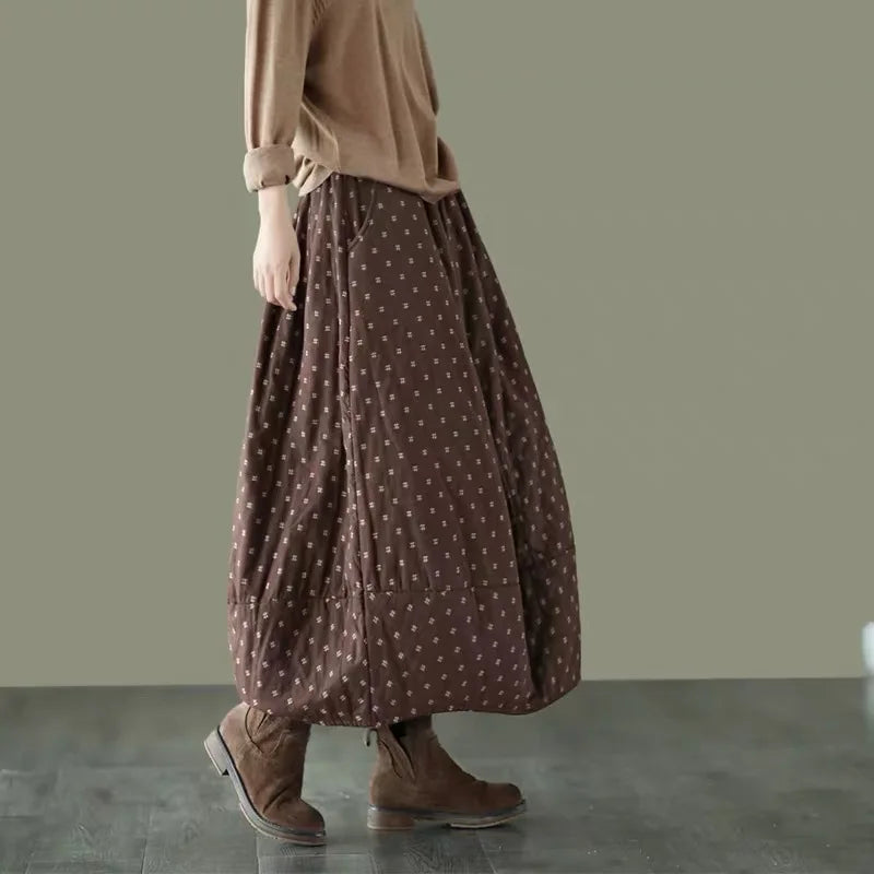 Women Loose Polka Dot Padded Skirts Ladies Vintage Elastic Waist Skirt Female Cotton Linen Winter Skirts