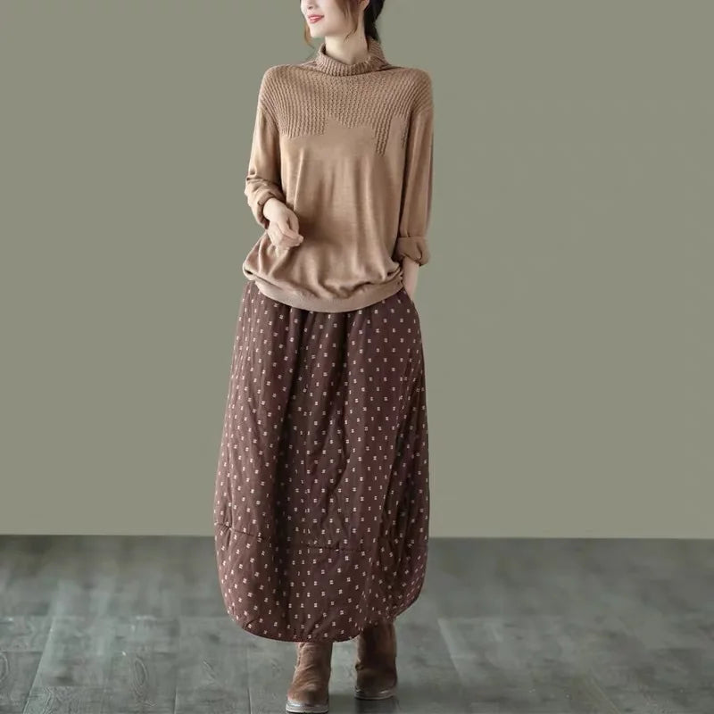 Women Loose Polka Dot Padded Skirts Ladies Vintage Elastic Waist Skirt Female Cotton Linen Winter Skirts