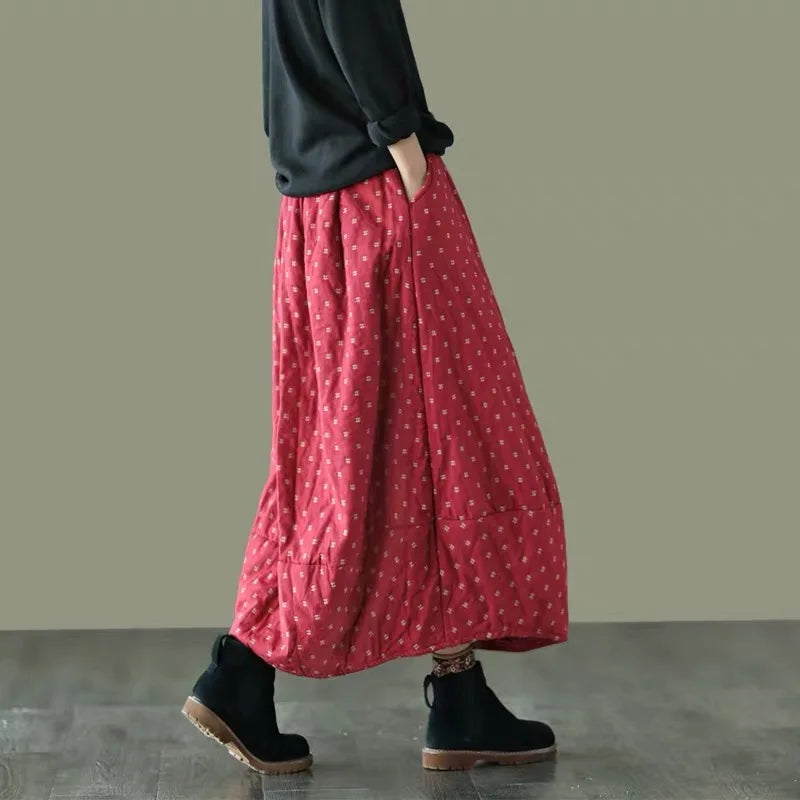 Women Loose Polka Dot Padded Skirts Ladies Vintage Elastic Waist Skirt Female Cotton Linen Winter Skirts