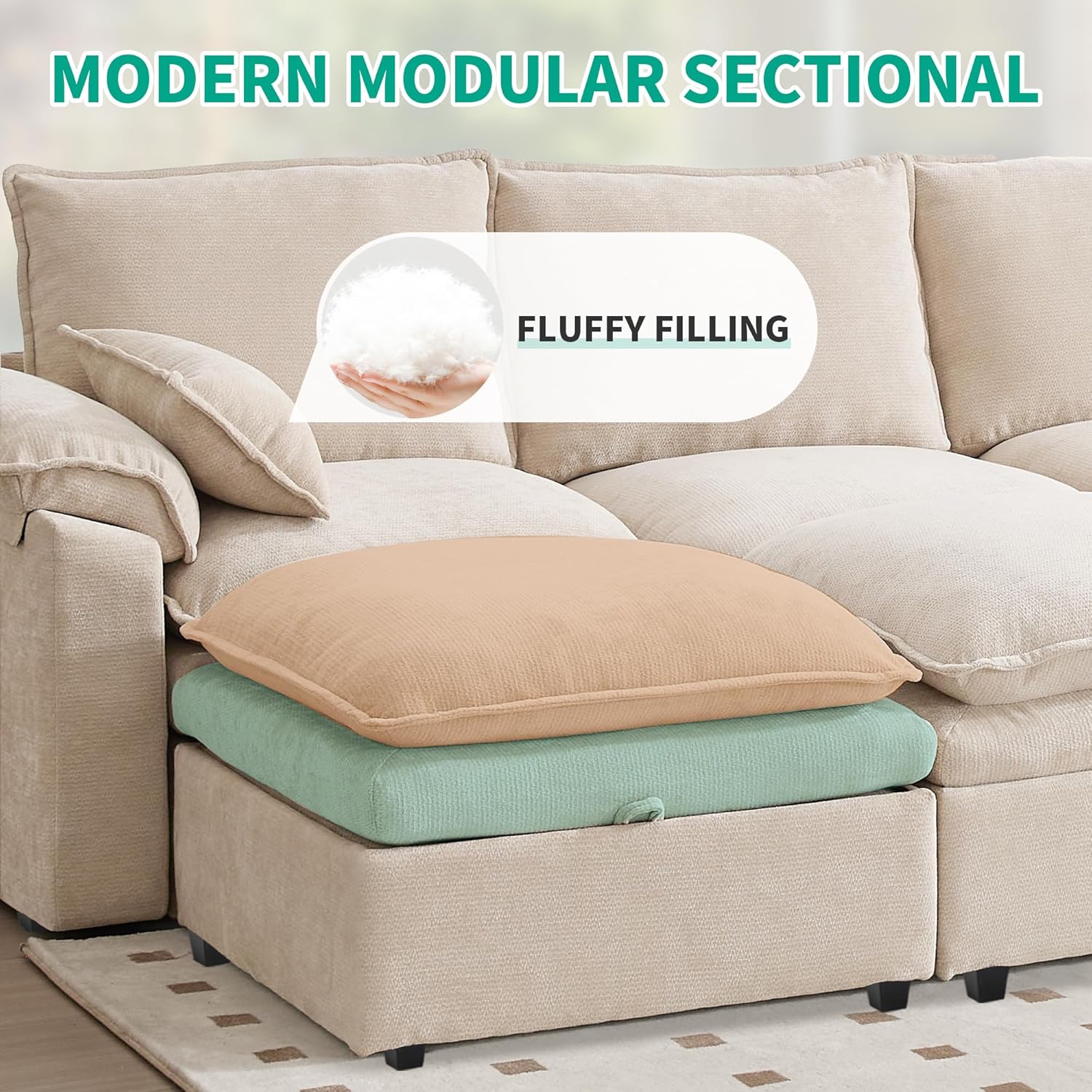 Large U-Shaped Sectional Couch Set - 6/7/8 Seater Oversized Cloud Sofa for Living Room, Big Comfy Chenille Fabric Couches, Extra Long Modular Sofa Bed Furniture (Beige, 6-Seater Sofa)
