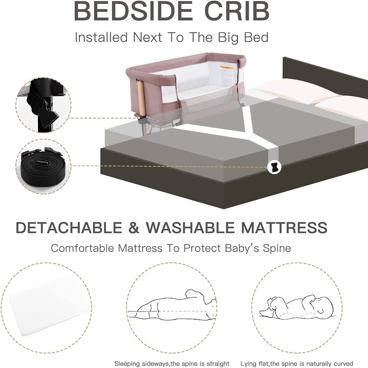 Soobaby 3 in 1 Baby Crib, Bassinet Bedside Crib Adjustable Portable Bed for Infant,Baby Newborn Must Have Bed,Khaki