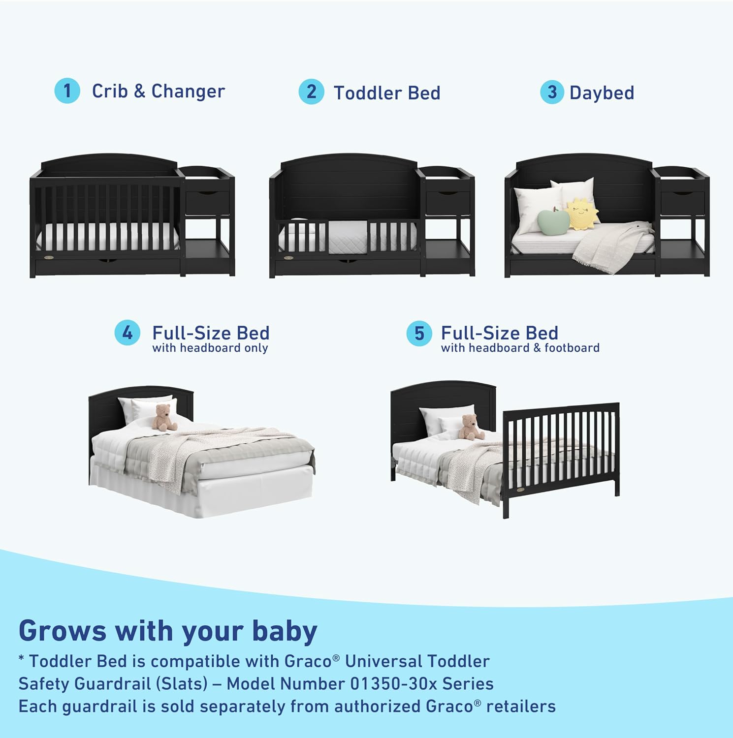 Graco Bellwood 5-in-1 Convertible Crib & Changer with Drawer - GREENGUARD Gold Certified, Full-Size Storage Drawer, Converts to Toddler Bed (Black)