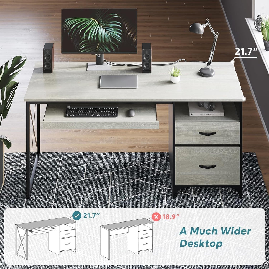 Bestier Office Desk with Drawers, 55 inch Industrial Computer Desk with Storage, Wood Teacher Desk with Keyboard Tray & File Drawer for Home Office, Wash White