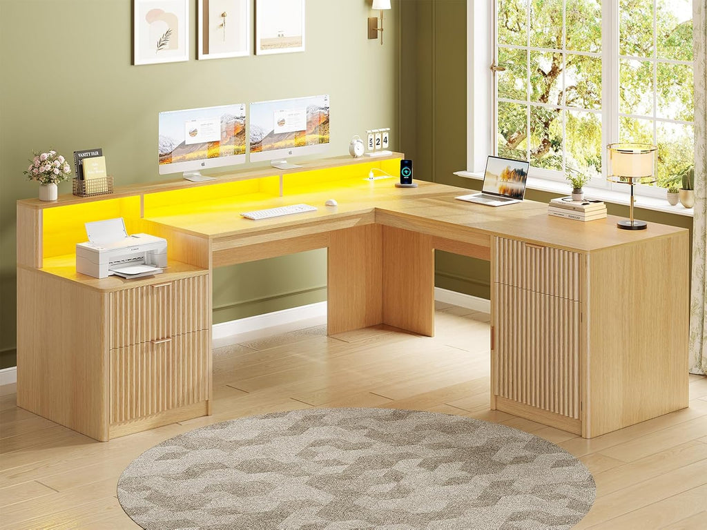 SEDETA 66" Modern L Shaped Desk with Drawers, Fluted Home Office Desk with File Cabinet and Printer Shelf, Wood Executive Desk with Monitor Stand, Power Outlets, Led Lights, Oak
