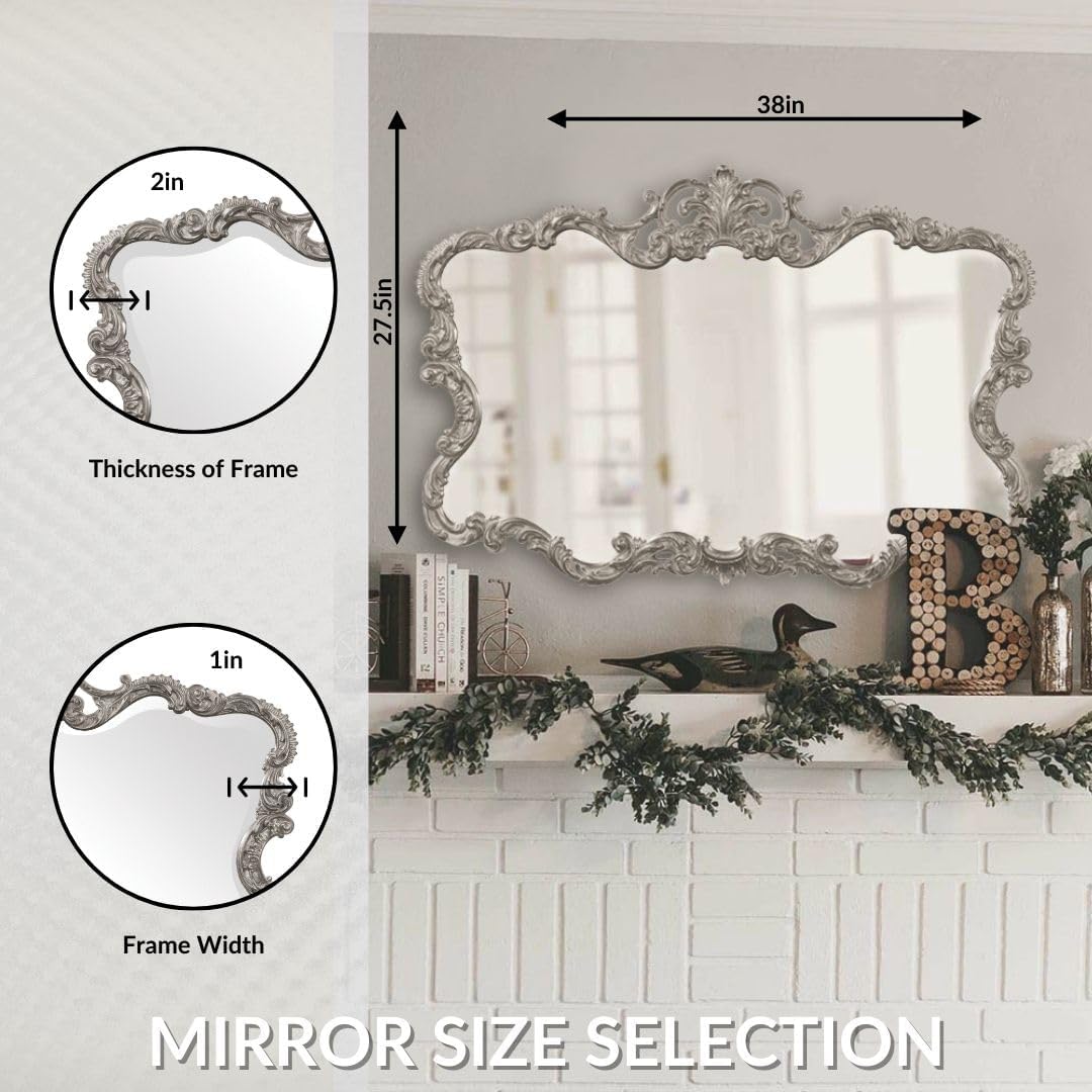 Howard Elliott Collection Antiqued Talida Red Ornate Mirror for Wall, Large Focal Point Rectangular Bedroom Living Room & Vanity Wall Mounted Mirror,Resin Frame, Glossy Nickel, 27 x 38 Inch