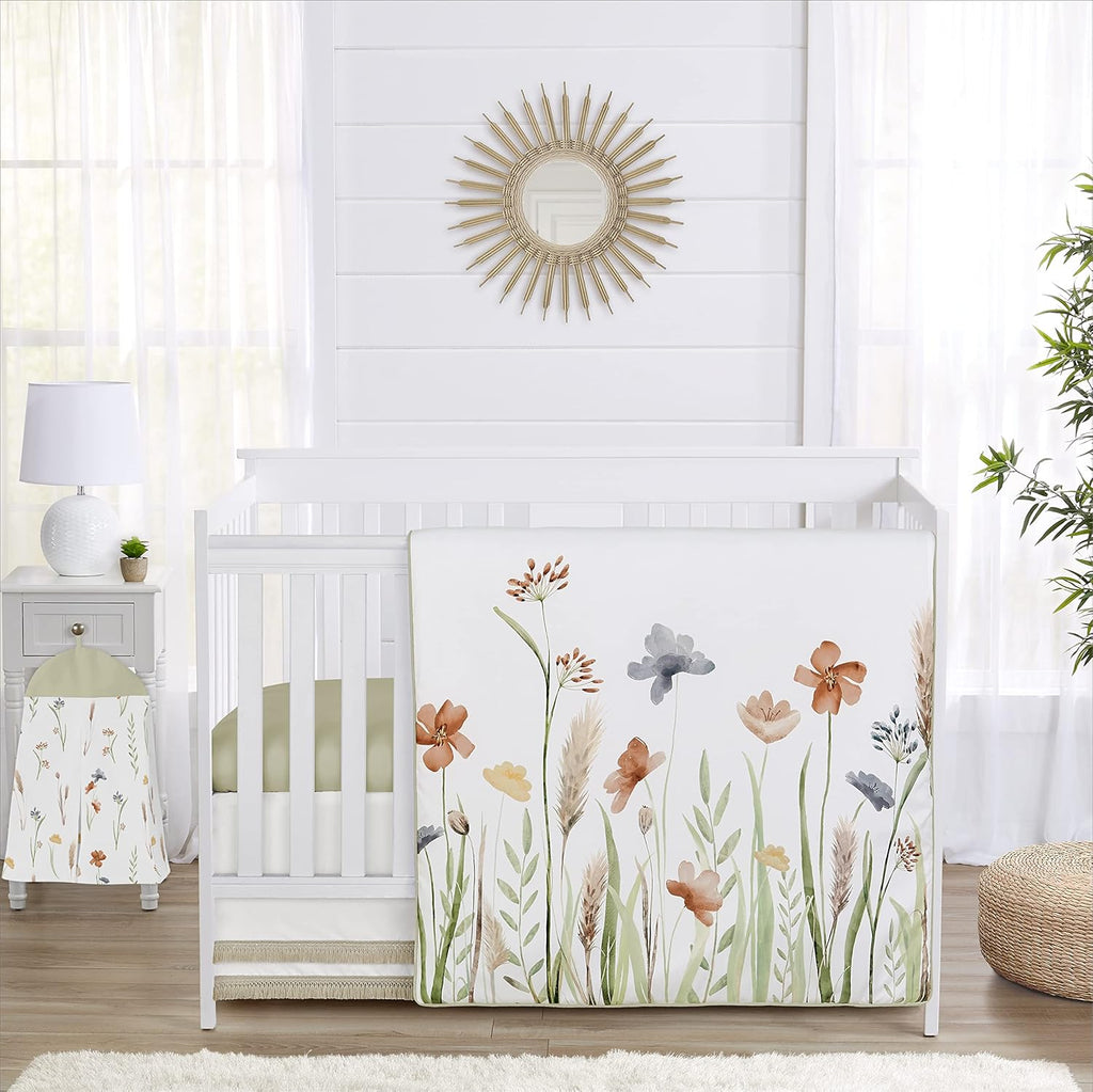 Sweet Jojo Designs 4-Piece Baby Crib Bedding Set (Green Boho Floral) for Girls, Infants/Nursery incl. Blanket, Fitted Sheet, Skirt, Diaper Stacker (Flower, Garden, Bohemian, Farmhouse, Wildflower)