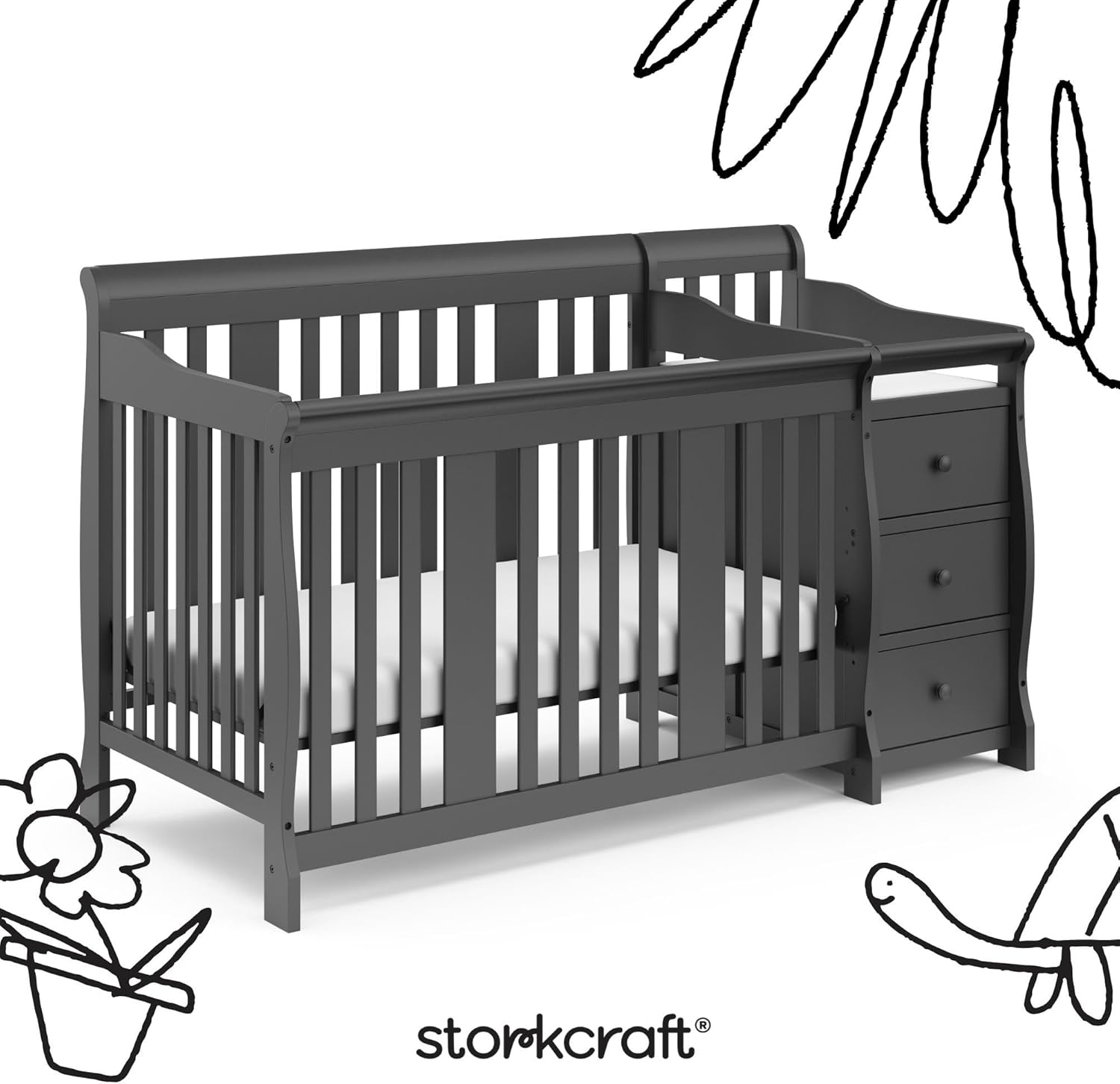 Storkcraft Portofino 5-in-1 Convertible Crib and Changer – Crib and Changing Table Combo with Drawer, Converts to Toddler Bed, Daybed and Full-Size Bed, Storage Drawer (Gray)