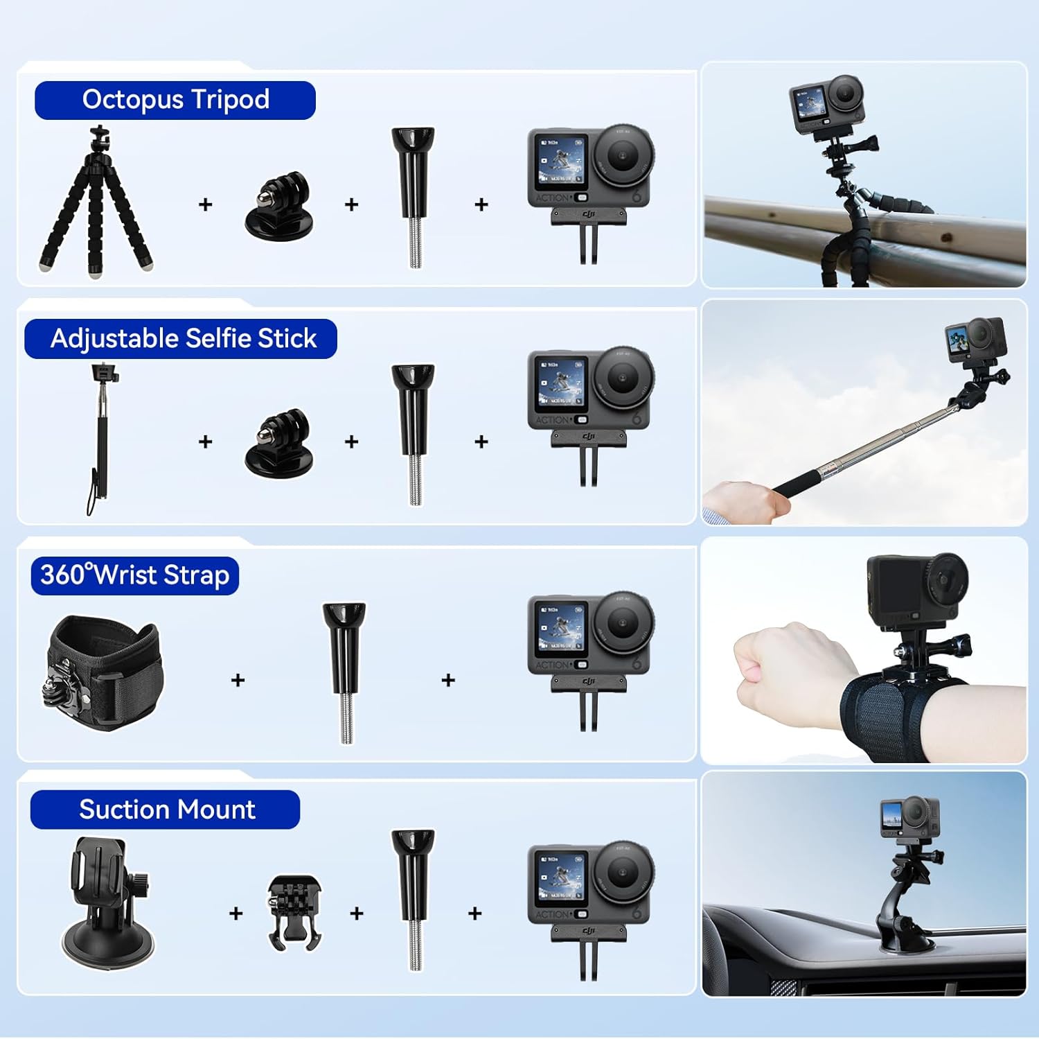 DJI Osmo Action 6 8K Waterproof Action Camera Bundle, 1/1.1" Square Sensor, 50GB Built-in Storage, Original Essential Combo + 58 Piece Accessory Kit + 2 Extra Batteries + Extra 64GB Card