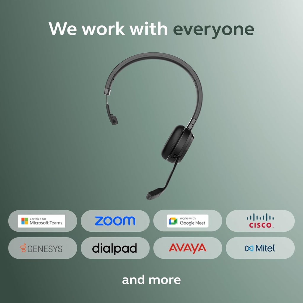 Jabra Evolve 65 TE (Third Edition) Wireless Single-Ear Headphones - Noise-Canceling Mic, 16 hr Battery Life, Dual Connectivity, MS Teams Certified, Supports Other Platforms, Black