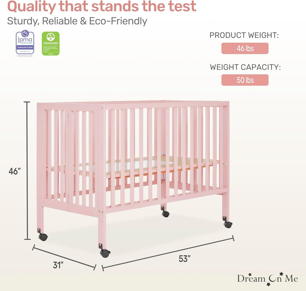 Dream On Me Quinn Full-Size Portable Baby Crib in Blush Pink, GreenGuard Gold & JPMA, Patented Quick Fold System, Adjustable Mattress Support, Smooth Wheels, Compact Design, Safe Sleep Assurance