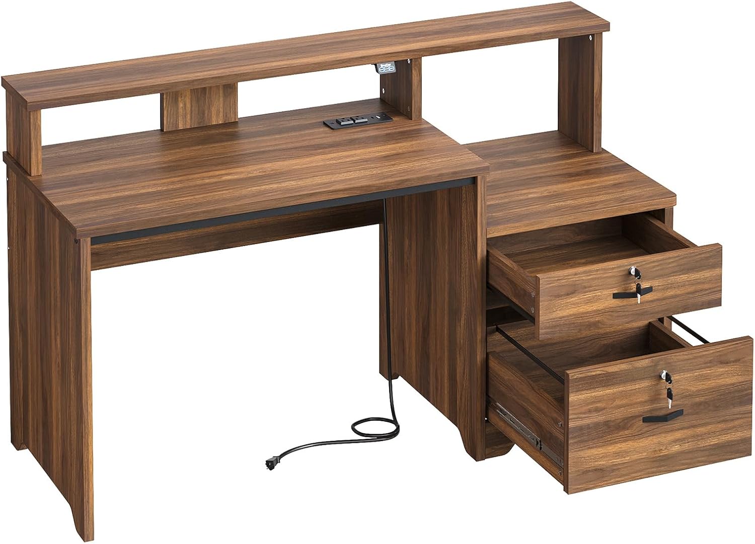 Bestier 55 Inch Wood Computer Desk with Lockable File Drawer, Charging Station & LED Lights - Home Office Desk with Storage Shelves, Printer Shelf & Monitor Stand, Wooden Desk for Study & Work, Walnut