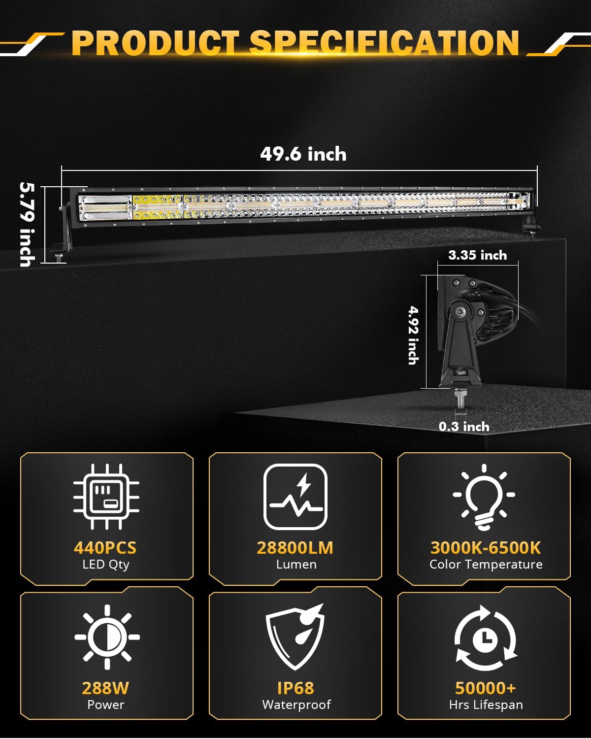 Auxbeam 50 Inch Curved LED Light Bar, 288W 6 Modes Amber White Strobe Fog Lights, Spot Flood Combo Memory Reset Function Offroad Driving Work Ditch Light for Truck Car ATV