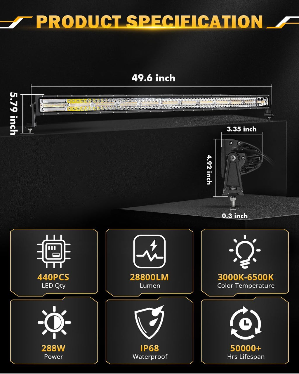 Auxbeam 50 Inch Curved LED Light Bar, 288W 6 Modes Amber White Strobe Fog Lights, Spot Flood Combo Memory Reset Function Offroad Driving Work Ditch Light for Truck Car ATV