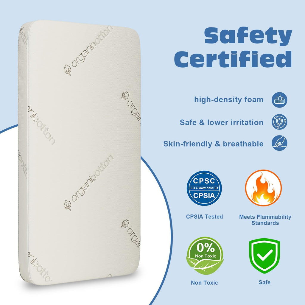 Crib & Toddler Mattress, 100% Organic Cotton Cover, Breathable, Premium Foam Interior, 5'' Thickness Firm, Fits Any Standard Size Baby Crib & Toddler Bed