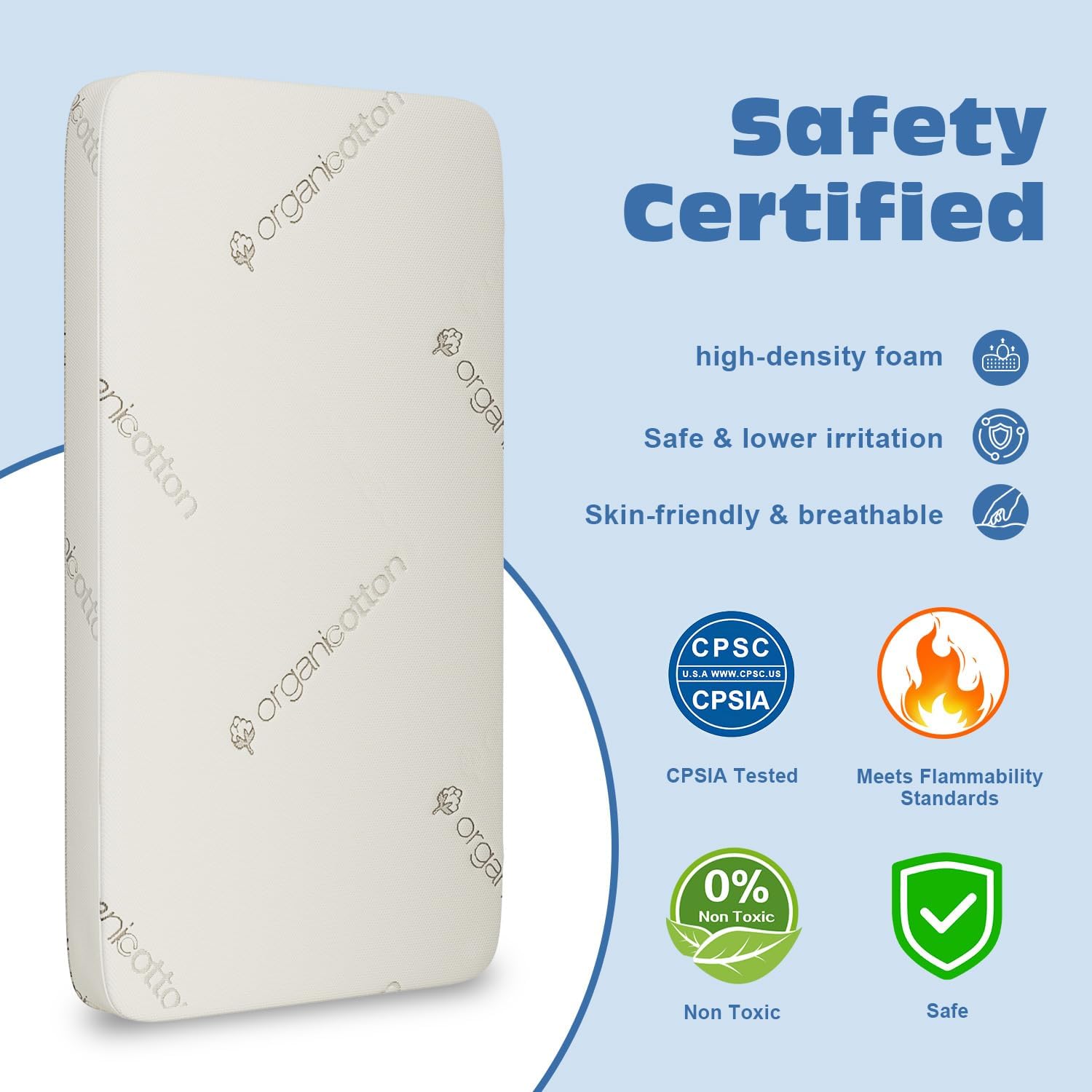 Crib & Toddler Mattress, 100% Organic Cotton Cover, Breathable, Premium Foam Interior, 5'' Thickness Firm, Fits Any Standard Size Baby Crib & Toddler Bed