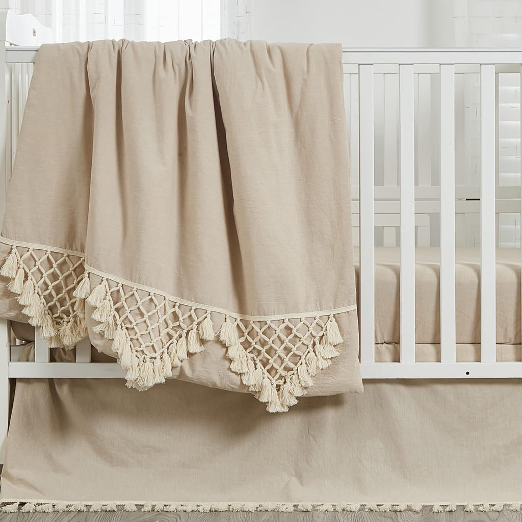 Brandream Gender Neutral Boho Bohemian Baby Girl Boy Nursery Crib Bedding Set 3 Pieces Solid Beige Farmhouse Chic Unisex Minimalist Tassel Fringe Macrame Cozy 100% Cotton with Washed Craft Super Soft